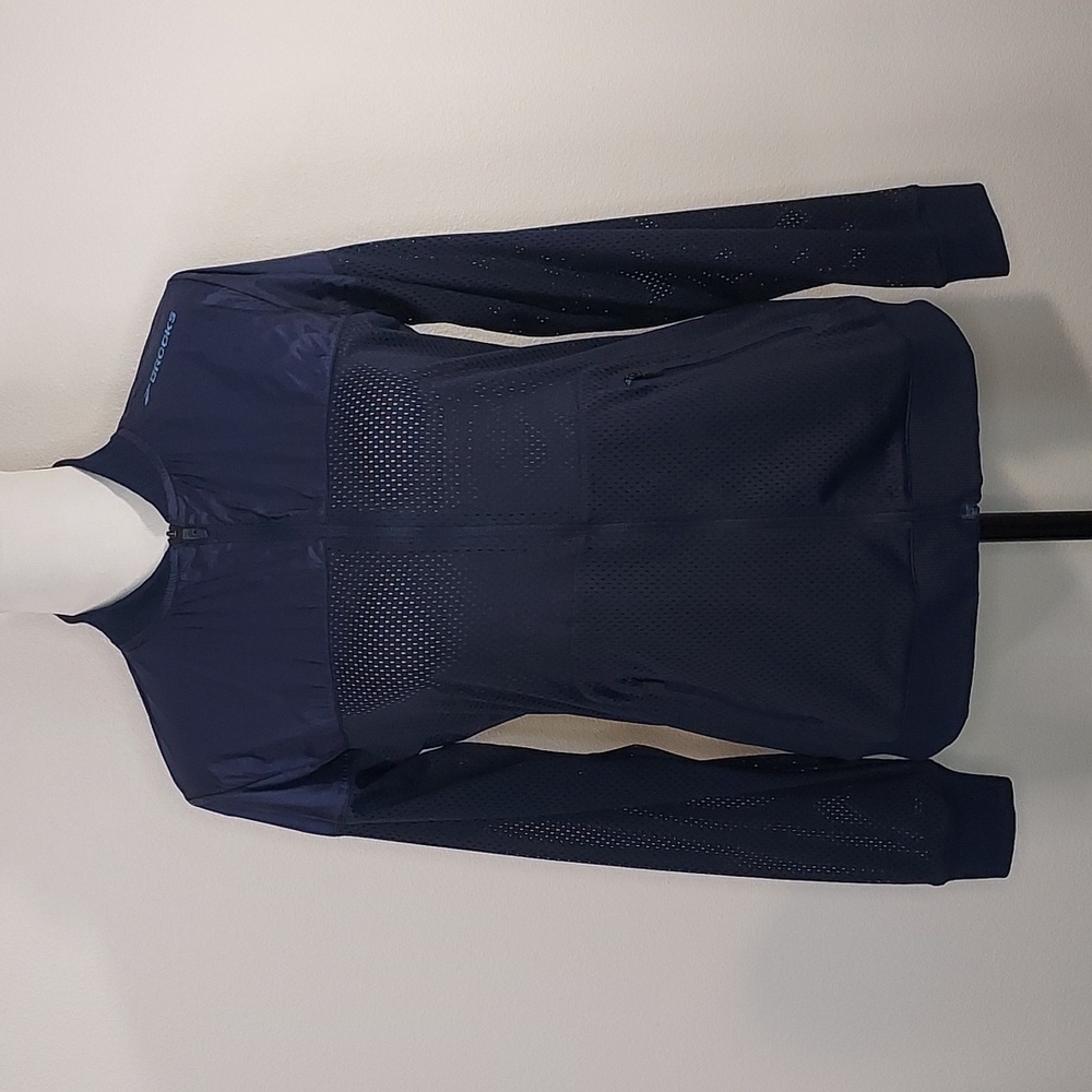 Brooks Run Happy Navy Blue Mesh Performance Zip-Up Jacket Size Small